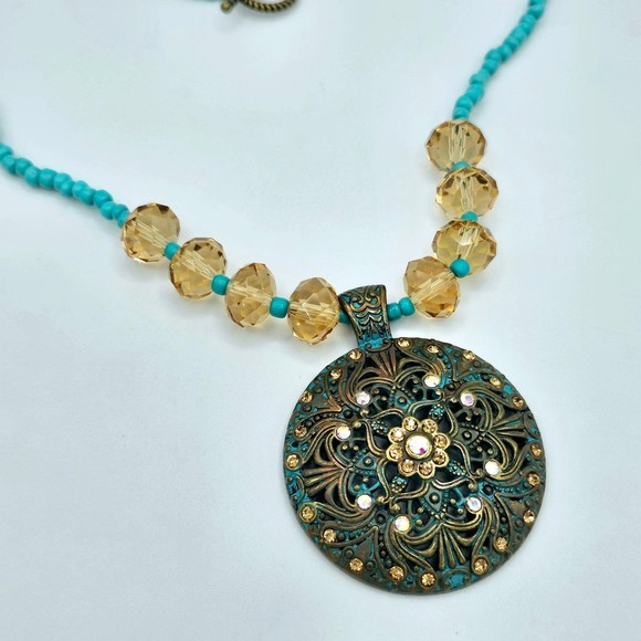 Bronze Statement Necklace Medallion Turquoise Champagne AB Bead Rhinestone - Picture 9 of 11